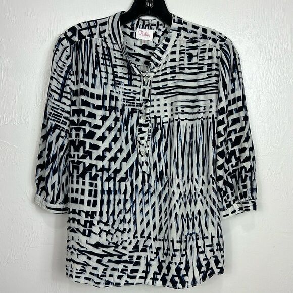 Parker Silk 3/4 Sleeve Printed Collared Blouse Top Size S - Picture 1 of 8